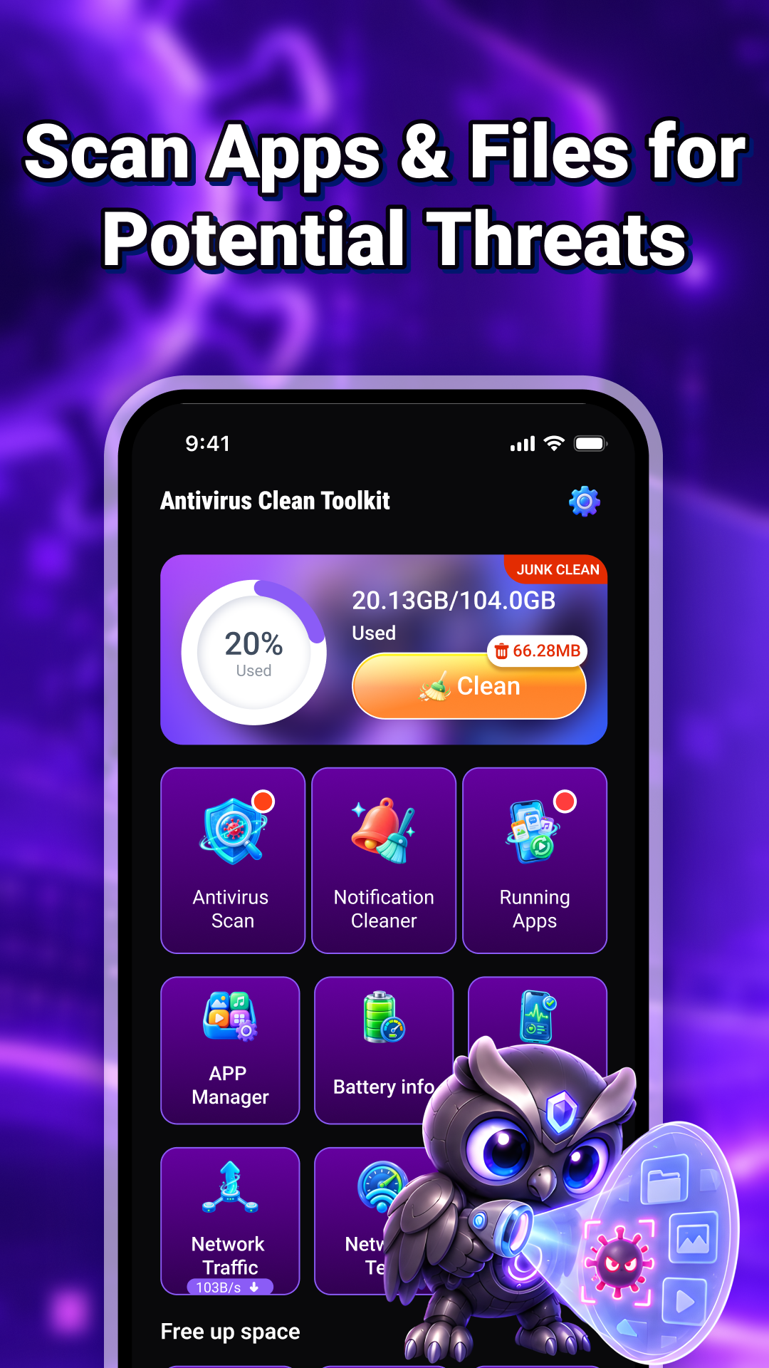 Antivirus Clean Toolkit app showing its scanning and cleaning tools