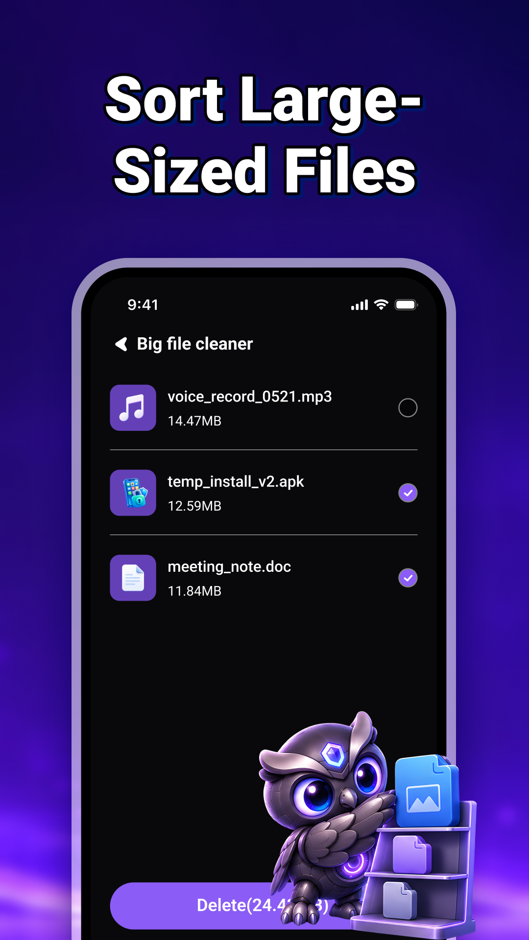 Big file cleaner listing large files on a device