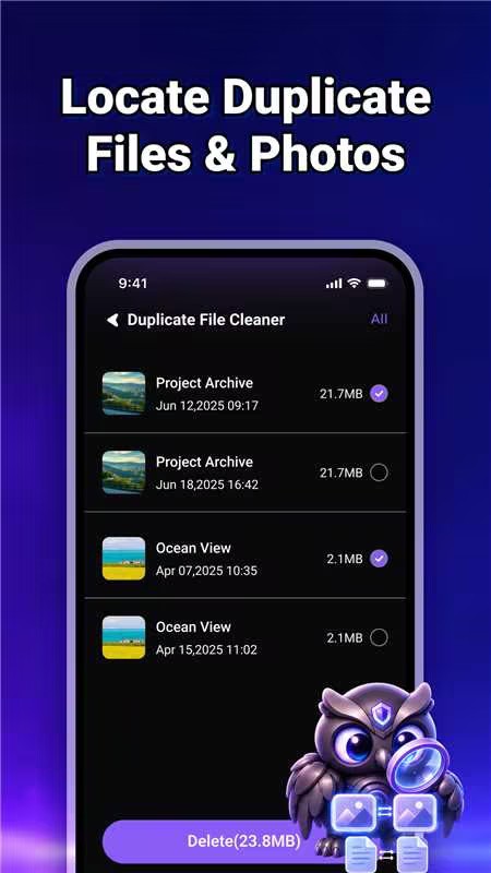 Duplicate file cleaner showing photos and files selected for removal