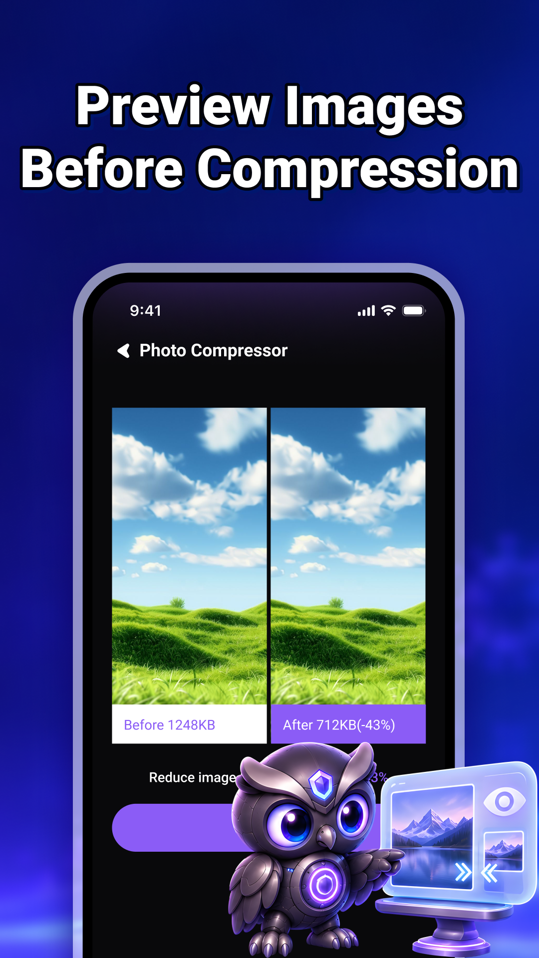 Image compressor preview comparing a photo before and after compression