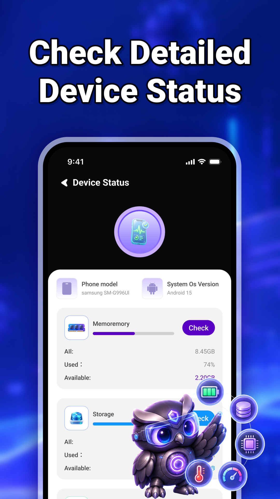 Device status screen showing phone, memory and storage information