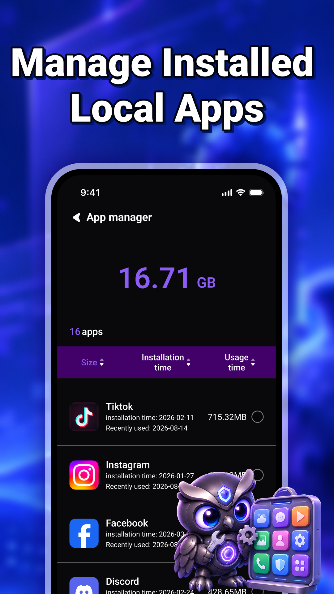 App manager screen listing installed applications